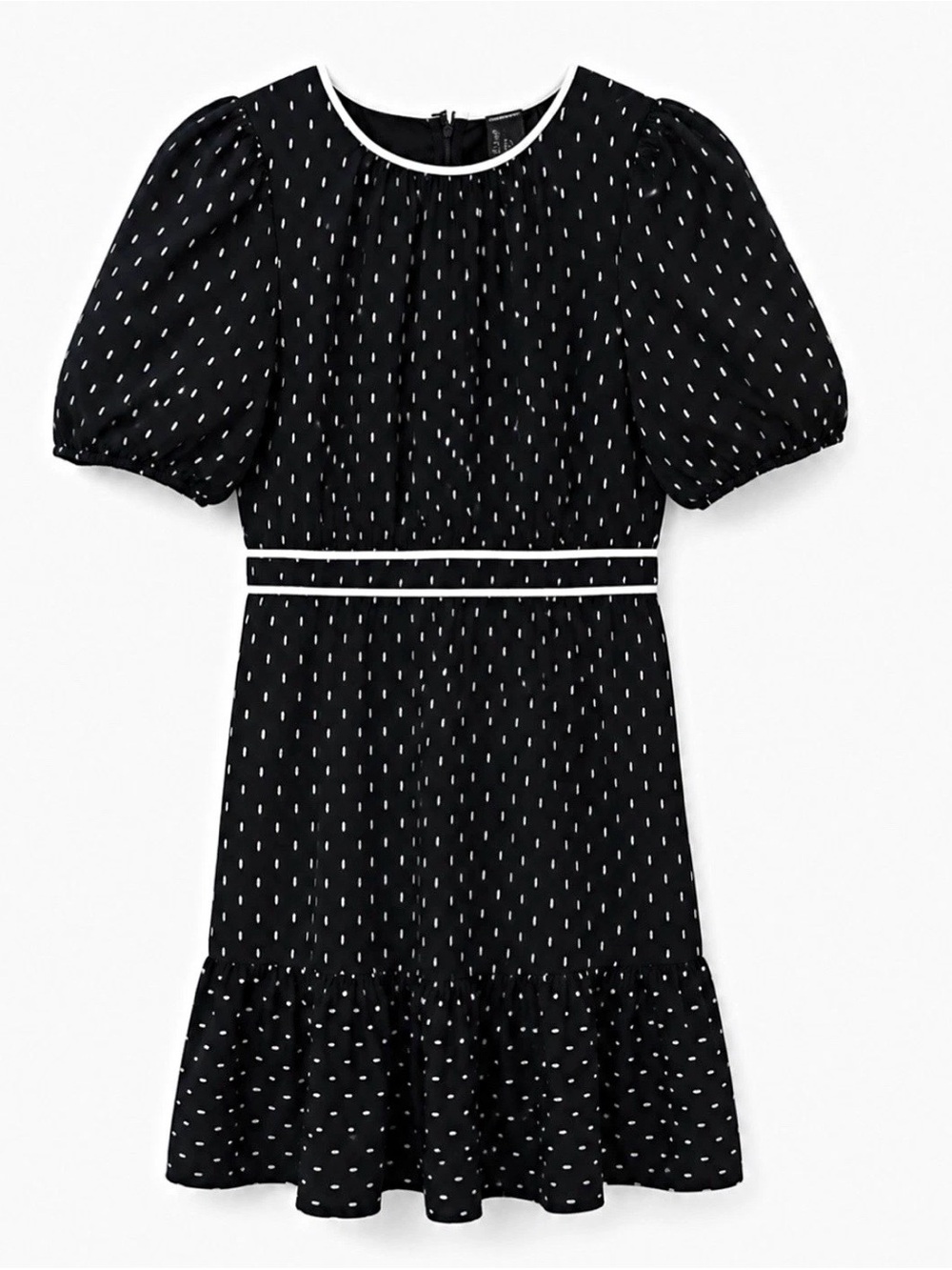 LOFT Black Midi Dress with White Dot Print and Trim